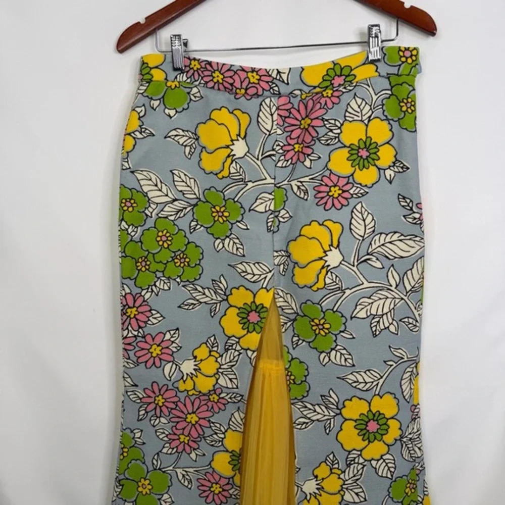 Tory Burch Upcycled Floral Maxi Skirt with Yellow Tulle Godet Slit Size 4